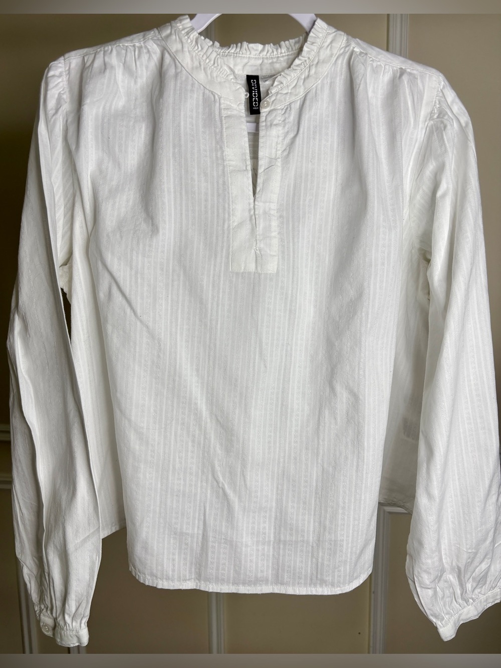 White Textured Striped Cotton H&M Divided Long-Sleeve Blouse